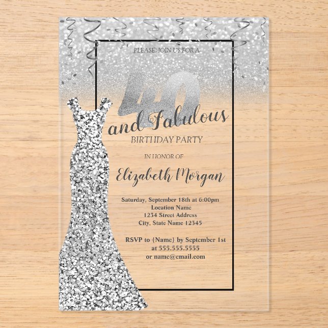 Elegant Silver  Glitter Dress 40th Birthday Party Acrylic Invitations (Front)