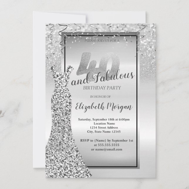 Elegant Silver  Glitter Dress 40th Birthday Party Invitation (Front)