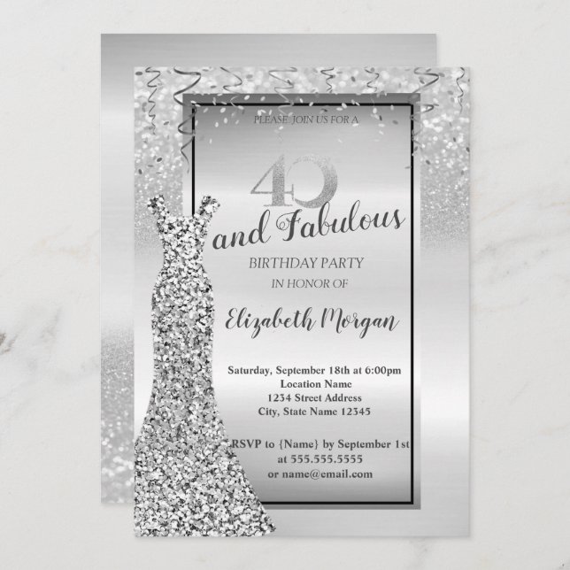 Elegant Silver Glitter Dress 40th Birthday Party  Invitation (Front/Back)
