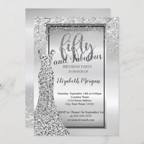 Elegant Silver  Glitter Dress 50th Birthday Party Invitation