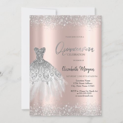 Elegant Silver Glitter Dress Dusty Quinceaera Invitation