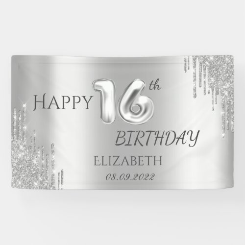 Elegant Silver Glitter Drips 16th Birthday   Banner