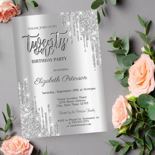  Elegant Silver Glitter Drips 21st Birthday Party Invitation