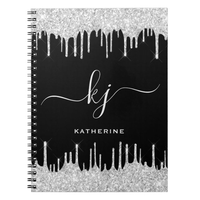 Elegant Silver Glitter Drips 2 Monogram Script Notebook (Front)