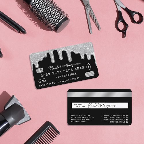 Elegant Silver Glitter Drips Black Credit Business Card