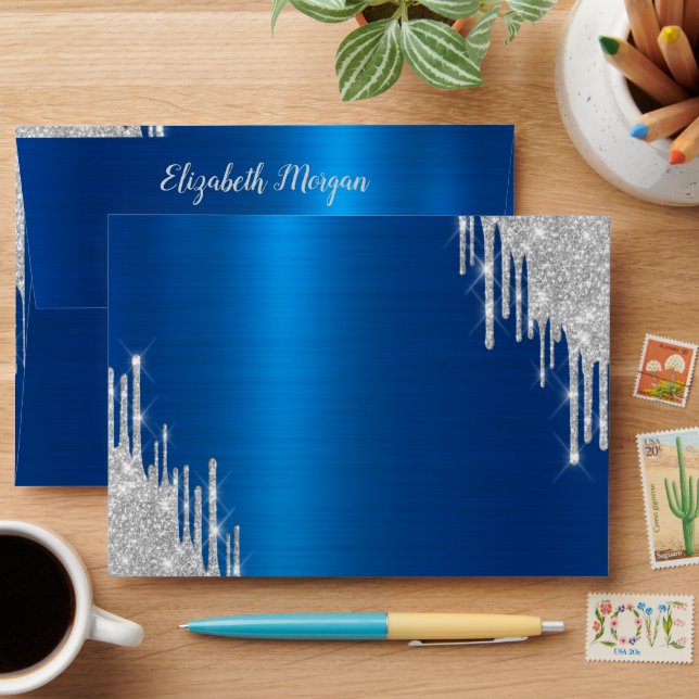 Elegant Silver Glitter Drips Blue Metallic Envelope (Desk)
