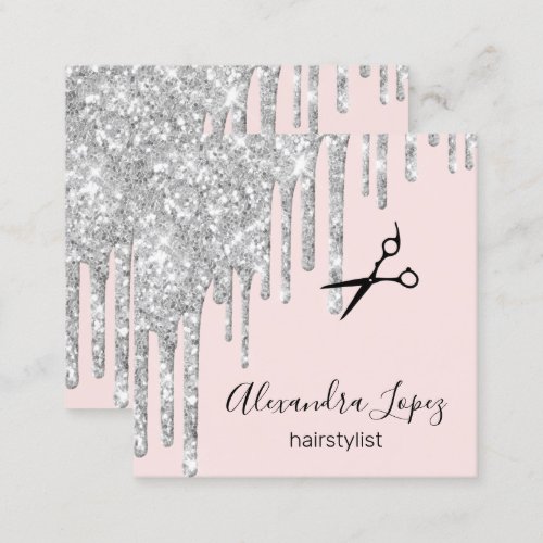 Elegant silver glitter drips hairstylist square business card