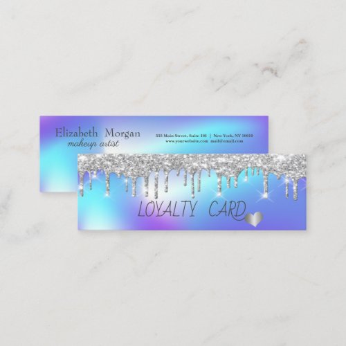 Elegant Silver Glitter Drips HeartsHolographic Loyalty Card