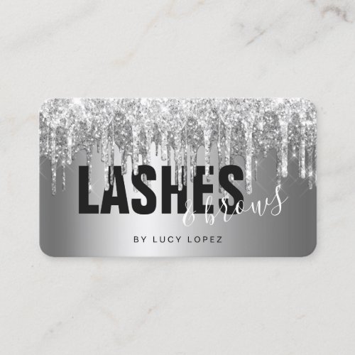 Elegant silver glitter drips lashes  brows  business card