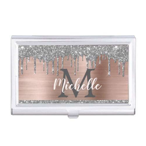 Elegant Silver Glitter Drips Monogram Office  Business Card Case