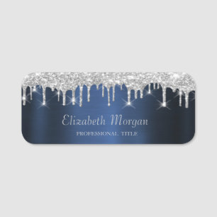 Elegant Silver Glitter Drips Navy Blue Name Tag