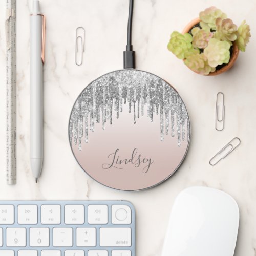 Elegant Silver Glitter Drips Personalized Wireless Charger