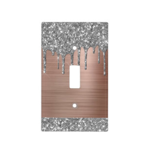 Elegant Silver Glitter Drips Pink Metal Light Switch Cover