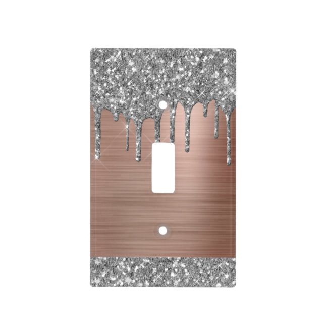 Elegant Silver Glitter Drips Pink Metal Light Switch Cover (Front)