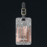 Elegant Silver Glitter Drips Pink Metal Monogram Luggage Tag<br><div class="desc">Modern, girly silver gray glitter drips name and monogrammed luggage tag. This design features silver gray (grey) glitter sparkle drips on pink rose gold brushed metal background with custom personalized monogram initial and first name text template. Perfect feminine gift. Please note, this design is printed photo effect. If you need...</div>