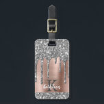 Elegant Silver Glitter Drips Pink Metal Monogram Luggage Tag<br><div class="desc">Modern, girly silver gray glitter drips name and monogrammed luggage tag. This design features silver gray (grey) glitter sparkle drips on pink rose gold brushed metal background with custom personalized monogram initial and first name text template. Perfect feminine gift. Please note, this design is printed photo effect. If you need...</div>