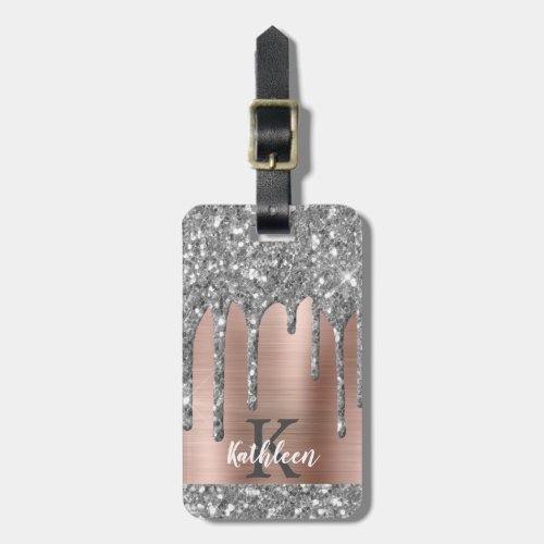  Elegant Silver Glitter Drips Pink Metal Monogram Luggage Tag
