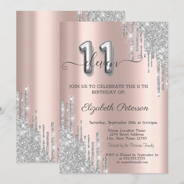 Elegant Silver Glitter Drips Rose Gold 11th Invitation (Front/Back)