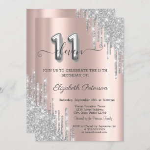 Elegant Silver Glitter Drips Rose Gold 11th Invitation
