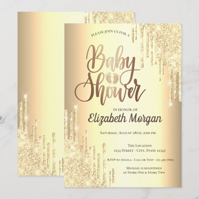Elegant Silver Glitter Drips Rose Gold  Invitation (Front/Back)