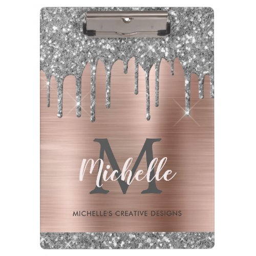 Elegant Silver Glitter Drips Rose Gold Monogrammed Clipboard