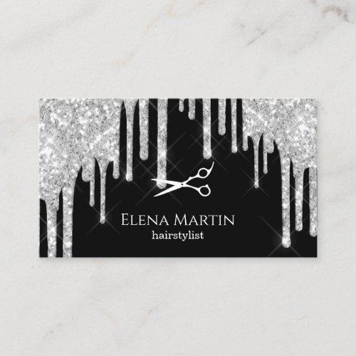 Elegant silver glitter drips scissors hairstylist  business card