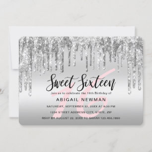 Elegant silver glitter drips sweet sixteen invitation