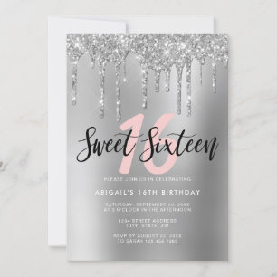 Elegant silver glitter drips sweet sixteen invitation
