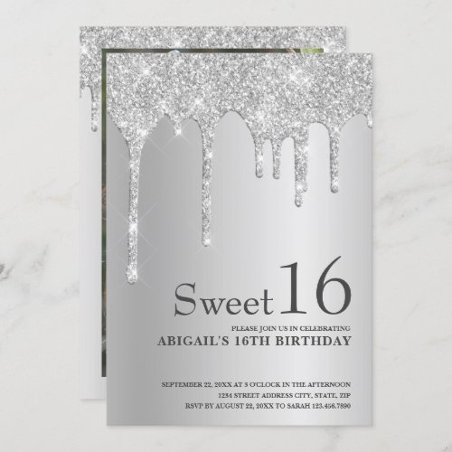 Elegant silver glitter drips sweet sixteen invitation