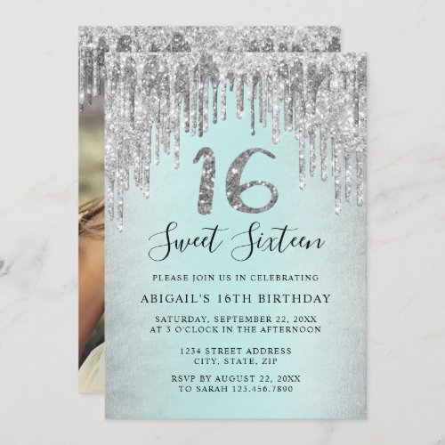 Elegant silver glitter drips sweet sixteen photo invitation