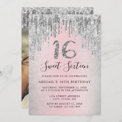 Elegant silver glitter drips sweet sixteen photo   invitation