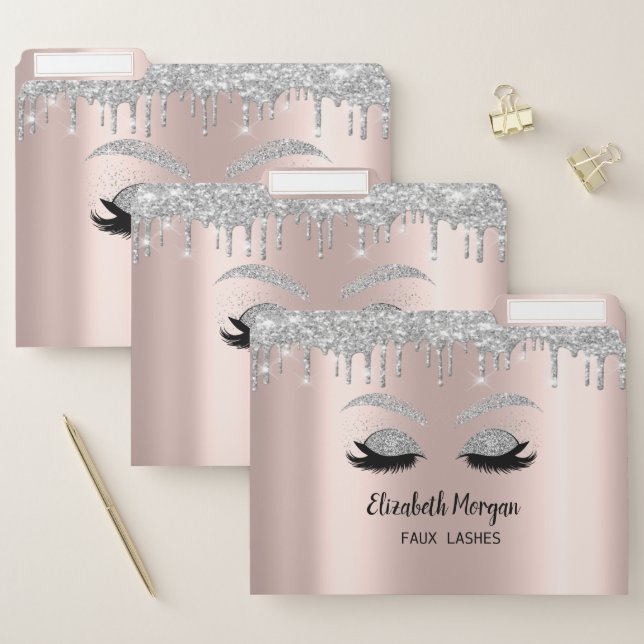 Elegant Silver Glitter Faux Lashes, Drips Rose Gol File Folder (Set)