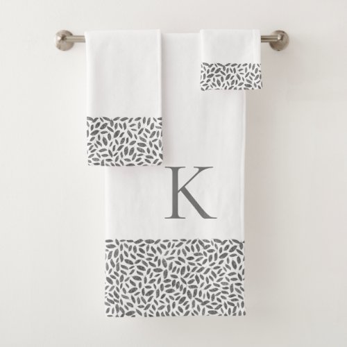 Elegant Silver Glitter Feathers on White Monogram Bath Towel Set