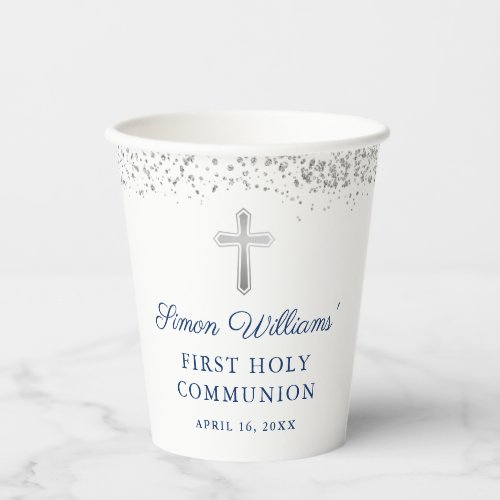 Elegant Silver Glitter First Holy Communion Paper Cups