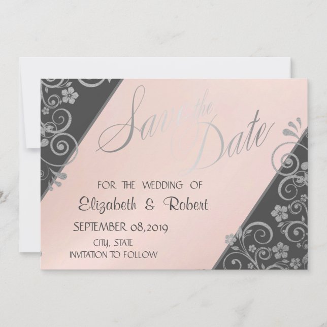 Elegant  Silver Glitter   Flowers Save The Date (Front)