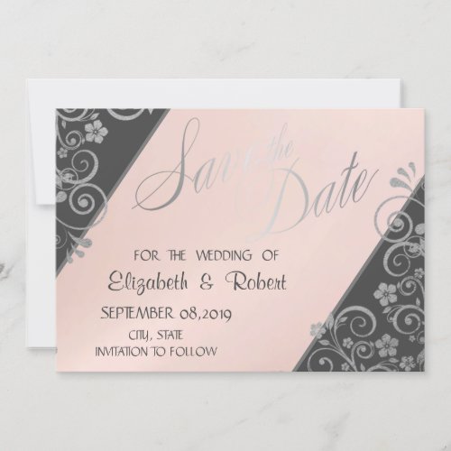 Elegant  Silver Glitter   Flowers Save The Date