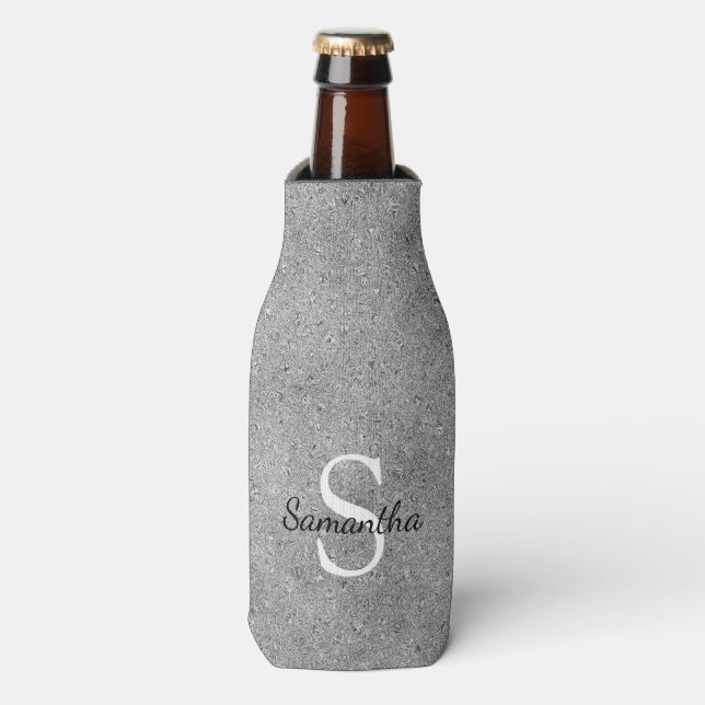 Elegant Silver Glitter Foil Sparkle Monogram Bottle Cooler (Bottle Front)