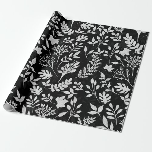 Elegant Silver Glitter Foliage Black Design Case_M Wrapping Paper