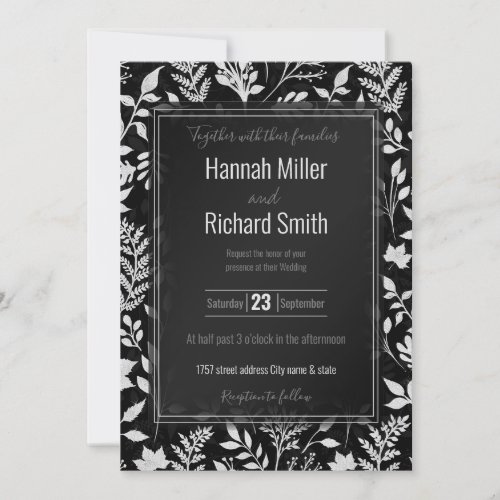 Elegant Silver Glitter Foliage Black Design Invitation