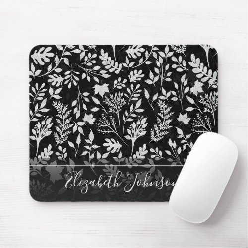 Elegant Silver Glitter Foliage Black Design Mouse Pad