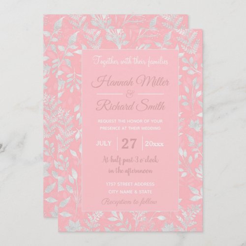 Elegant Silver Glitter Foliage Pink Design Invitation