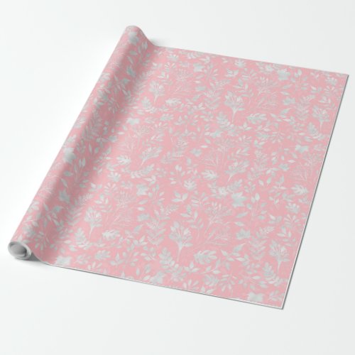 Elegant Silver Glitter Foliage Pink Design Wrapping Paper