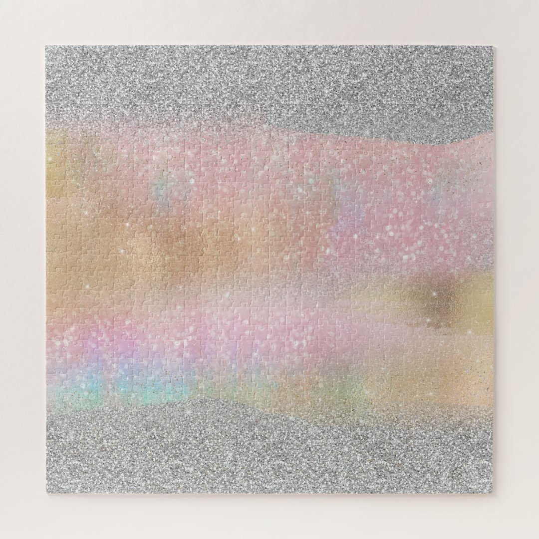 Elegant Silver Glitter Gold Rainbow Abstract Art Jigsaw Puzzle Zazzle