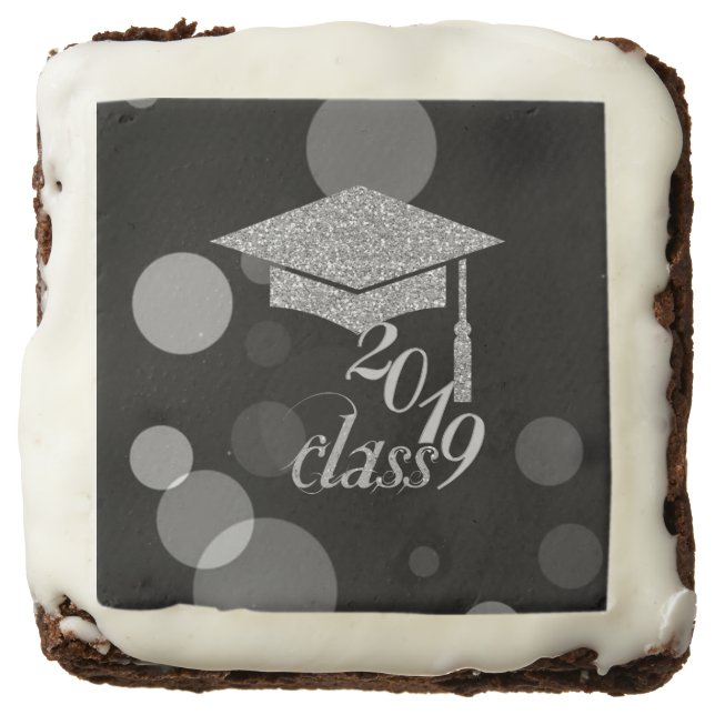 Elegant Silver Glitter Graduation Cap, Class 2019 Brownie (Front)