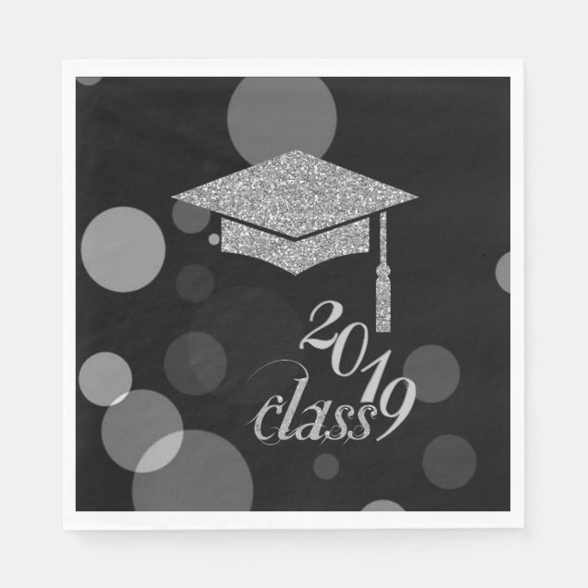 Elegant Silver Glitter Graduation Cap, Class 2019 Napkins (Front)