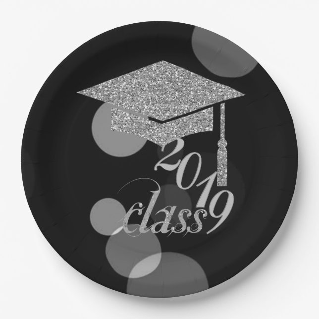 Elegant Silver Glitter Graduation Cap, Class 2019 Paper Plates (Front)