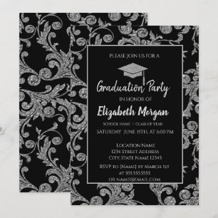 Elegant  Silver Glitter Graduation Cap,Swirls Invitation