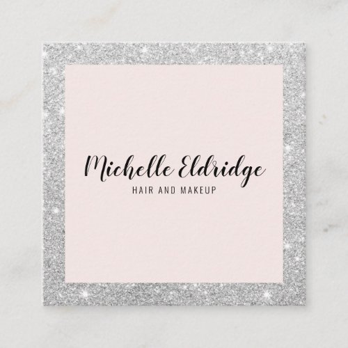 Elegant silver glitter hair makeup blush pink square business card