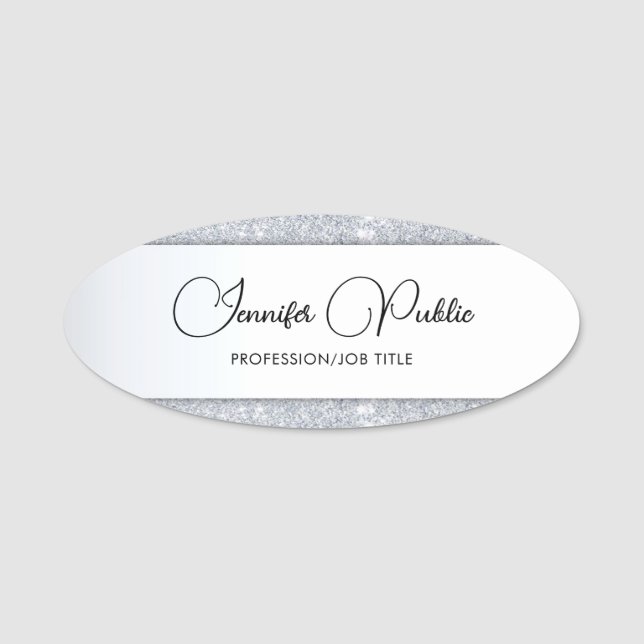 Elegant Silver Glitter Handwritten Template Trendy Name Tag (Front)