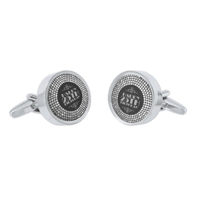 Elegant Silver Glitter Happy 25th Birthday Cufflinks (Angled)